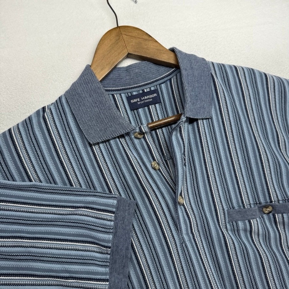 Vintage Knit Golf Polo Shirt men's Large Blue Striped Striped Old Money Preppy